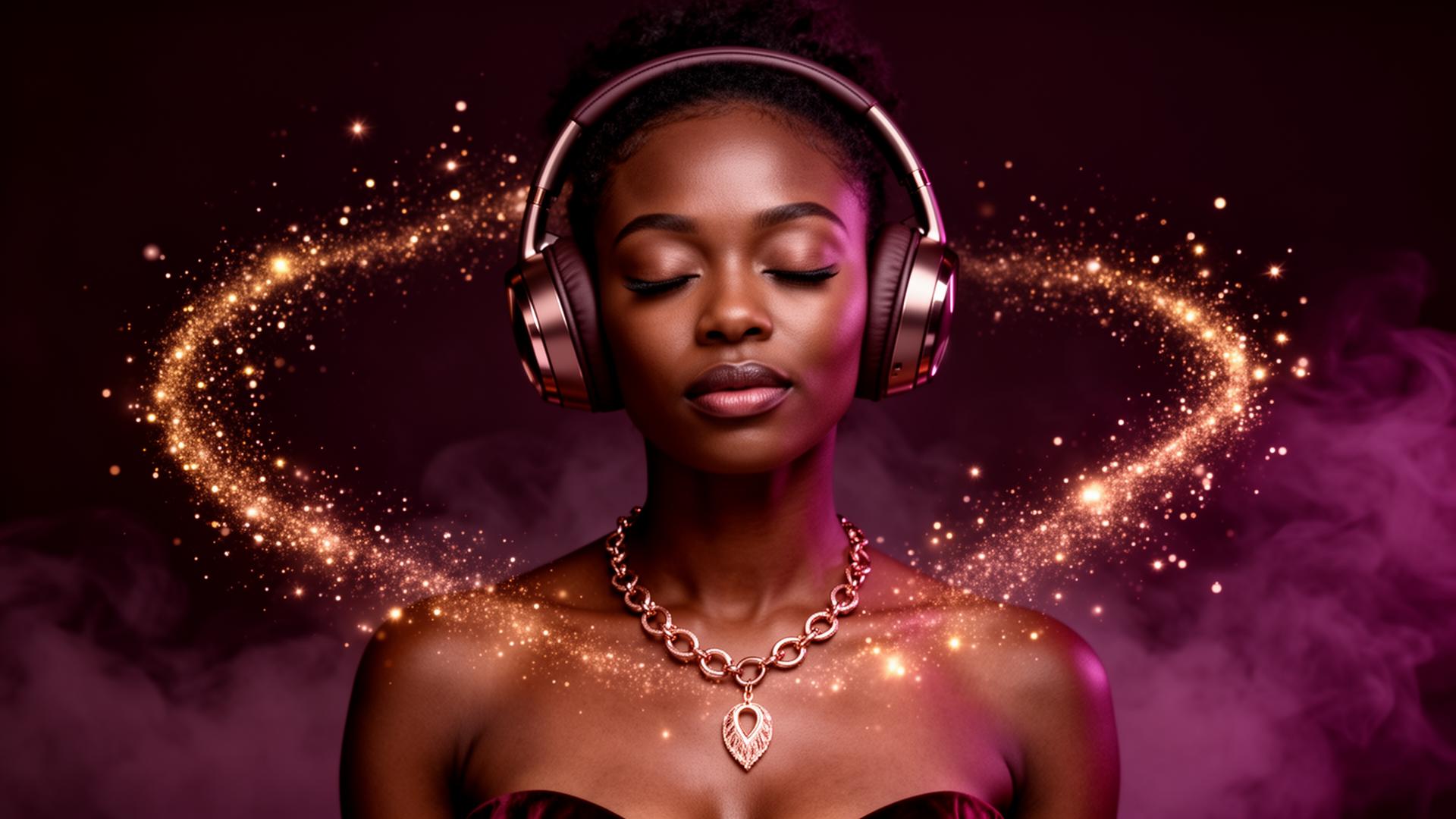 Black woman in rose gold headphones listening to Storm Intruder