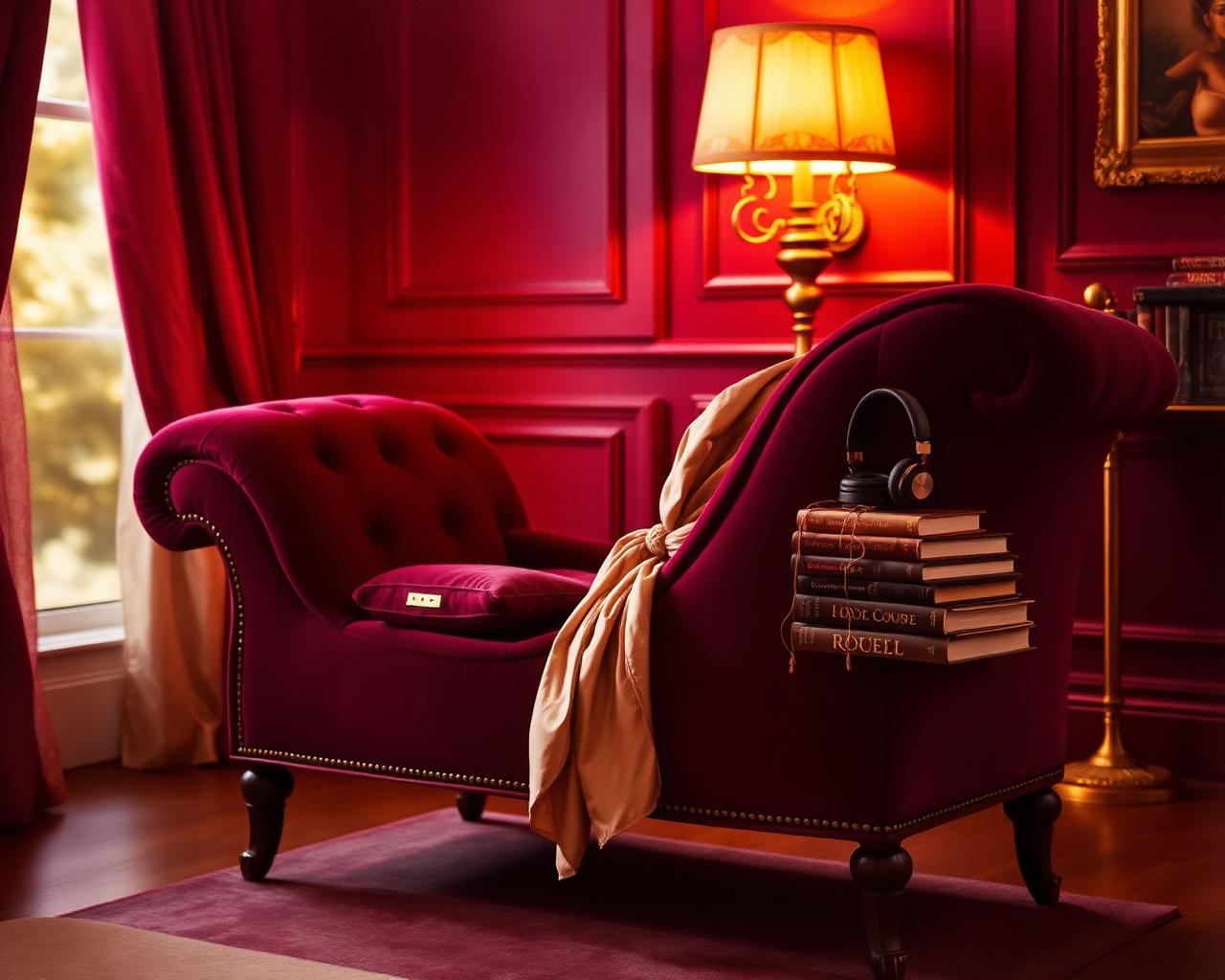 Velvet chaise lounge with silk robe, headphones and a stack of romance novels