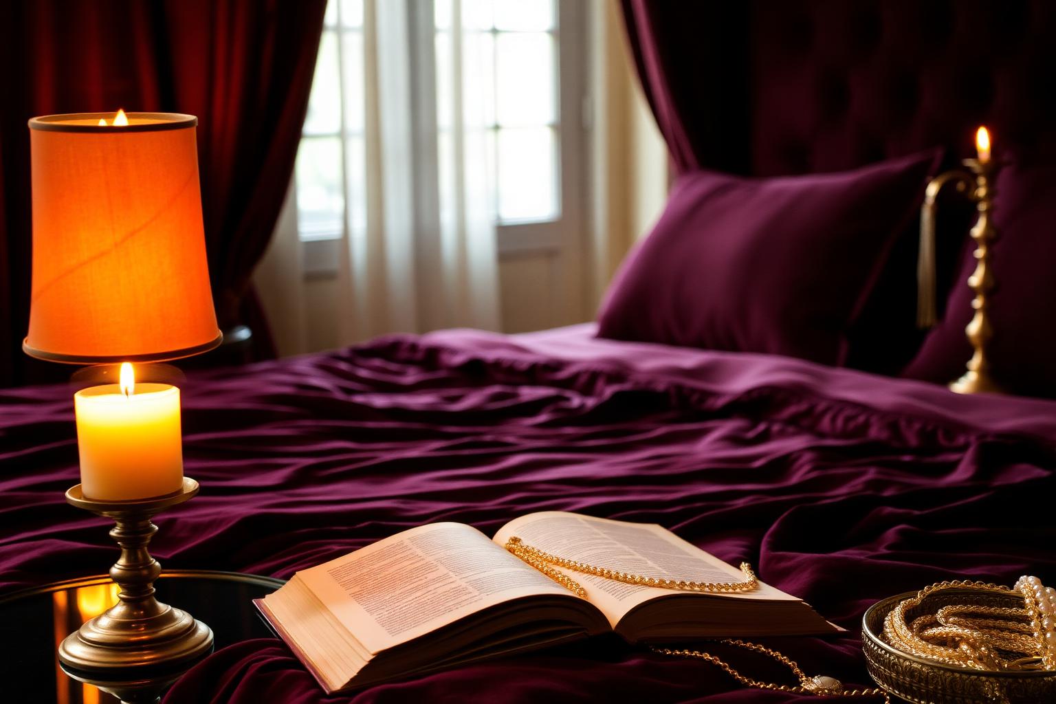 Candlelit bedroom with burgundy velvet sheets and an open romance novel