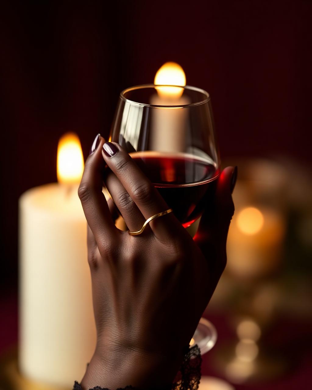 Dark hand with gold ring lifting a glass of red wine in candlelight