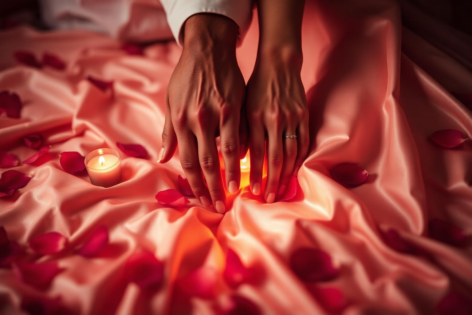 Candlelit silk sheets with rose petals — sensual romance audiobook mood